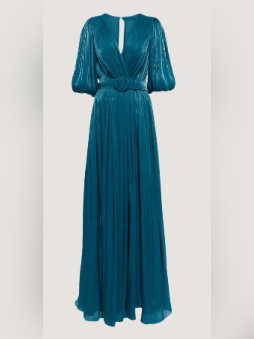 Sculpted V-Neck Pleated Maxi Dress in Teal with Belt